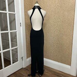 VTG 90s Black Vampy Reptile Trim Collar Backless Open Back Slit Skirt Maxi Dress